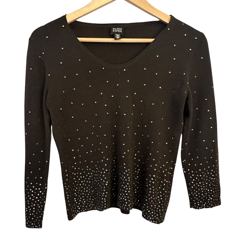 Eileen Fisher Brown Merino Wool V-Neck Sequin Dressy Sweater Size‎ XS